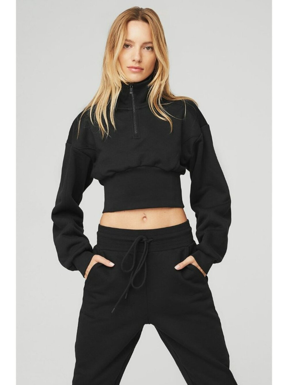 NWT $98 Alo Yoga Vixen Fleece 1/4 zip Sweatshirt Black Size Medium Cropped